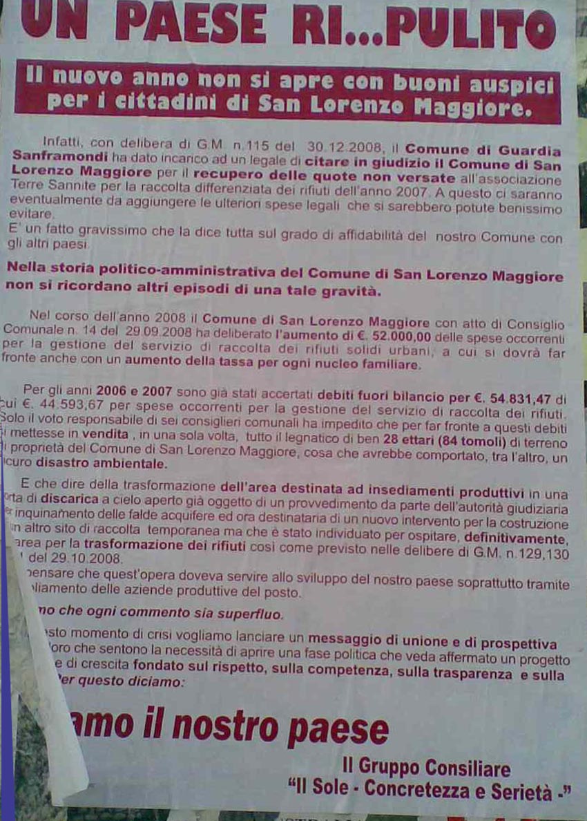 Foto del manifesto del 17 gennaio 2009, fatto affiggere dal Gruppo Consiliare "Il Sole - Serietà e Concretezza -"